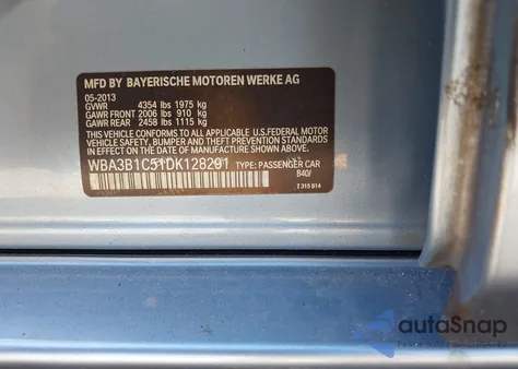 2013 BMW 320I z USA, uszkodzony, nr VIN WBA3B1C51DK128291